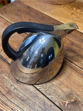 Nambe Steve Cozzolino Chirp Tea Kettle 2011 Silver & Brass Teapot Black Handle